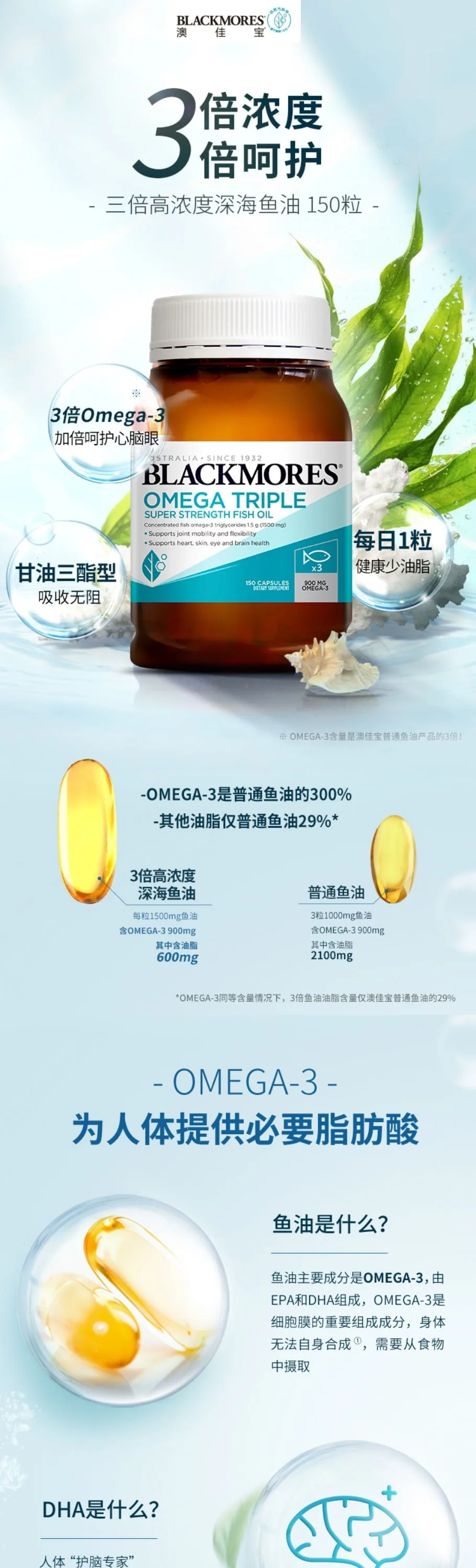 Blackmores 澳佳宝 三倍浓缩深海鱼油精华 150粒【保质期2028.05】 详情图 1