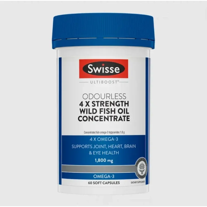 Swisse Fish Oil 无味高浓度4倍Omega-3 浓缩野生鱼油 60粒【保质期2028/08】